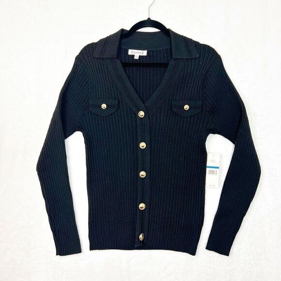 Nanette Lepore Black Ribbed Faux Button Sweater Gold Accent Collared Size XL NWT - Picture 3 of 11